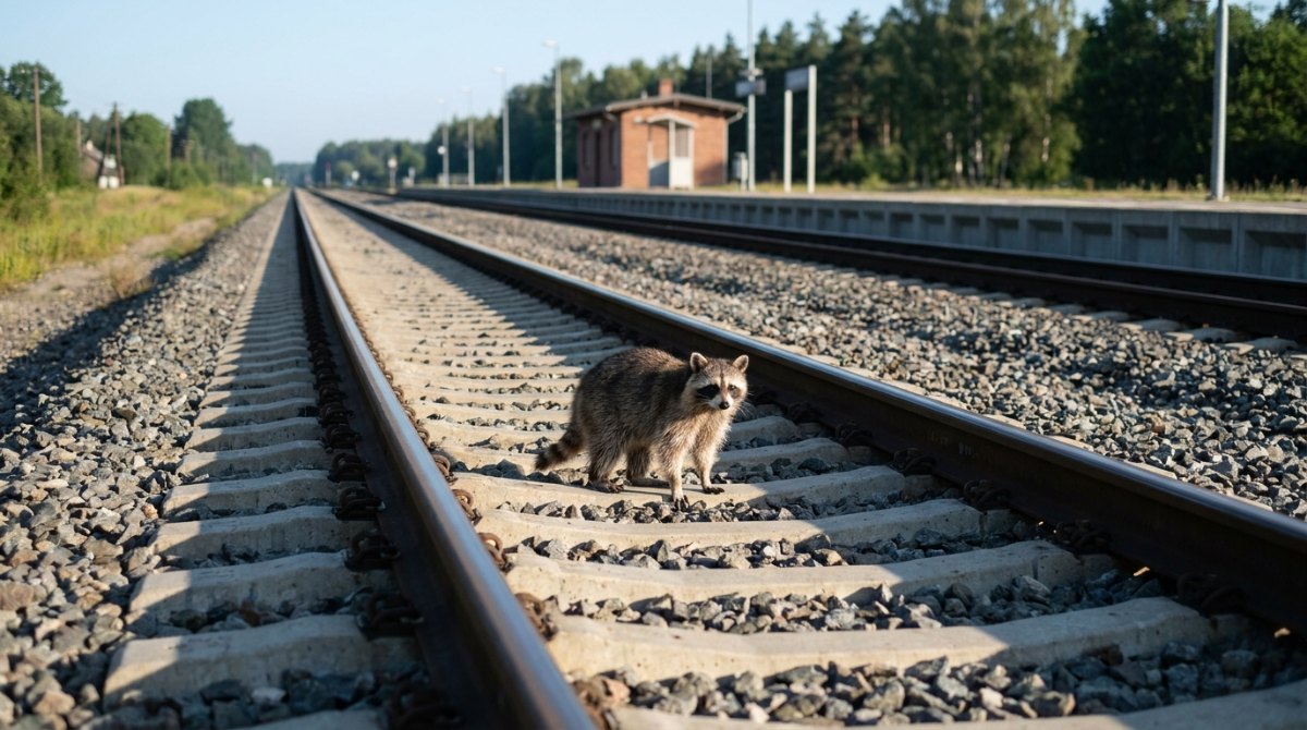 Waschbär steht zwischen den beiden Schienen eines geraden Normalspurgleises – die Spurweite für Texte
