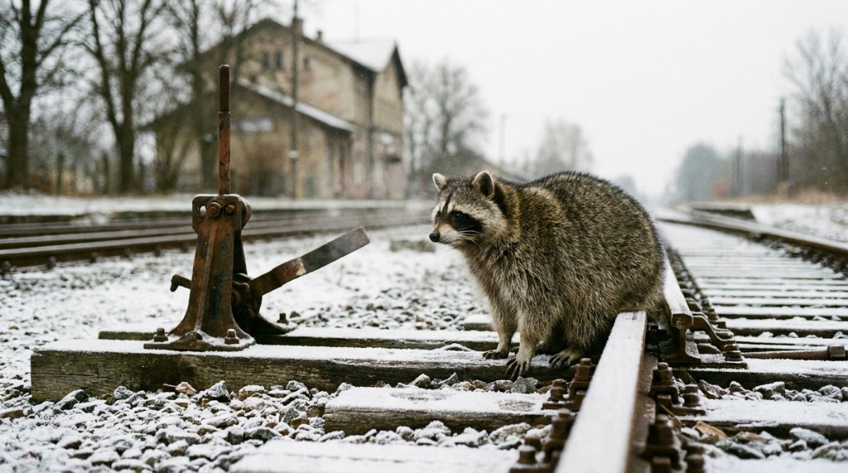 Waschbär neben einer Handweiche mit Stellhebel im Schnee – erst die feste Spurweite macht die Weiche im Text möglich