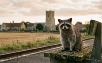 Waschbär auf einer Bank am Landbahnhof vor Dorfkirche und Feldern – Stadt oder Dorf schreiben