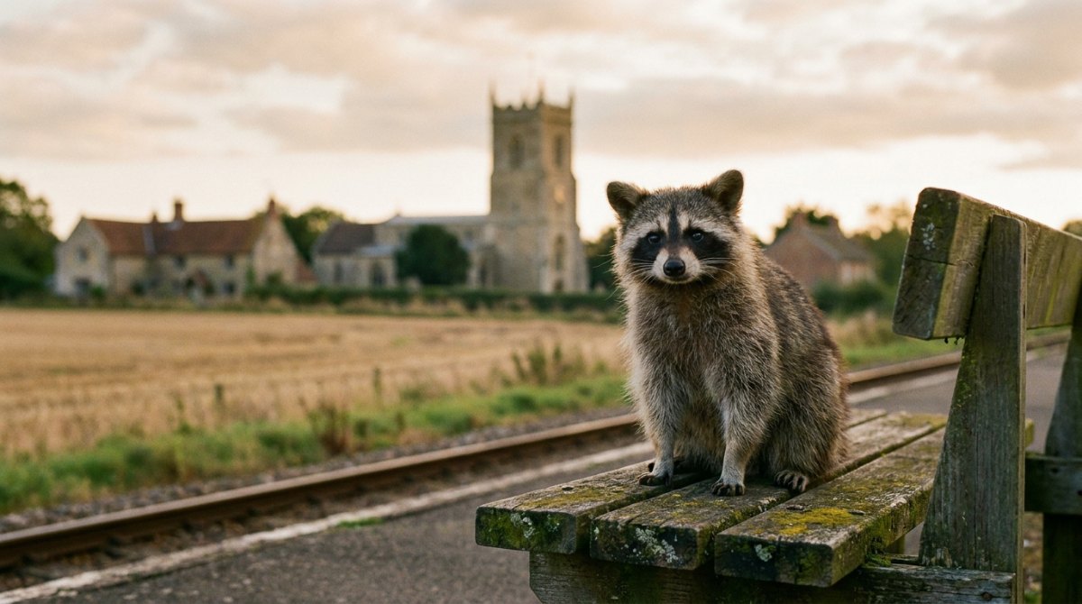 Waschbär auf einer Bank am Landbahnhof vor Dorfkirche und Feldern – Stadt oder Dorf schreiben