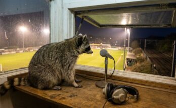 Aus dem Stehgreif reden wie im Radio: Ein Waschbär sitzt in einer alten Reporterkabine über einem Sportplatz neben einem Mikrofon