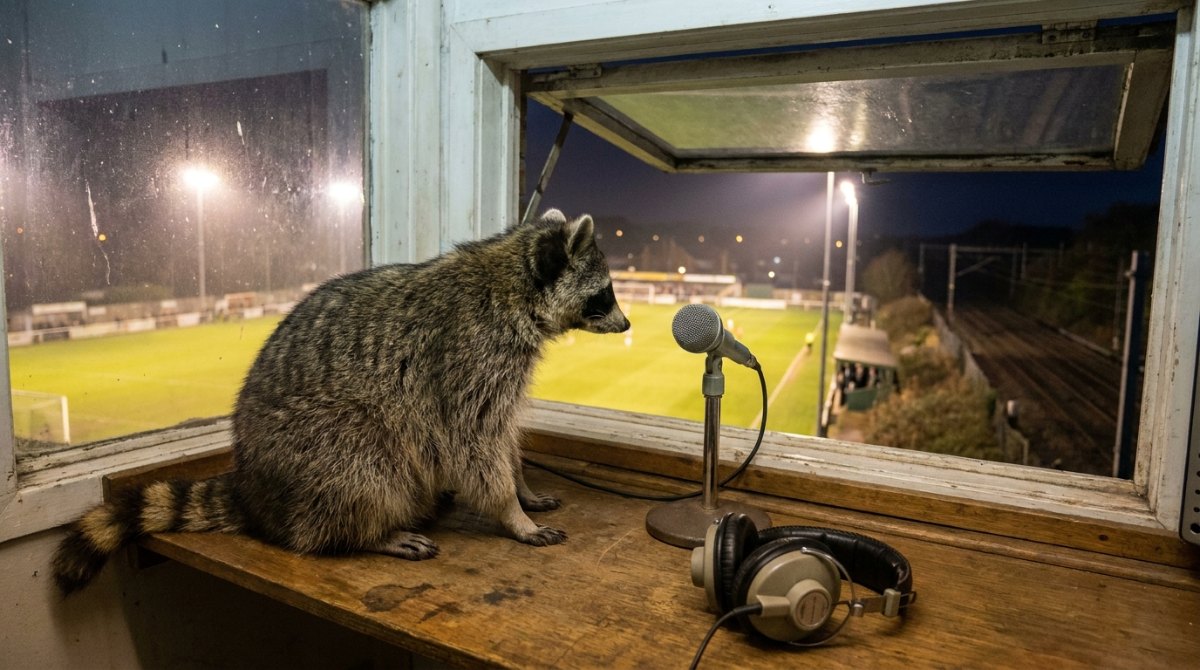 Aus dem Stehgreif reden wie im Radio: Ein Waschbär sitzt in einer alten Reporterkabine über einem Sportplatz neben einem Mikrofon