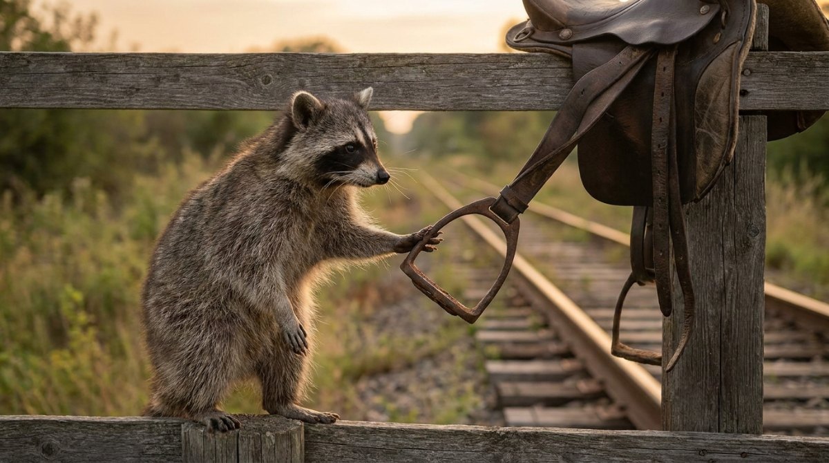 Stehgreif kommt vom Steigbügel: Ein Waschbär greift an der Bahnstrecke nach einem alten Steigbügel