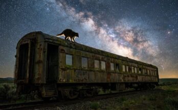 Poetry Slam über die Sterne: ein Waschbär sitzt auf dem Dach eines alten Waggons unter der Milchstraße