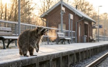 Gähnender Waschbär mit sichtbarem Atem auf einem frostigen Bahnsteig – Stimme aufwärmen