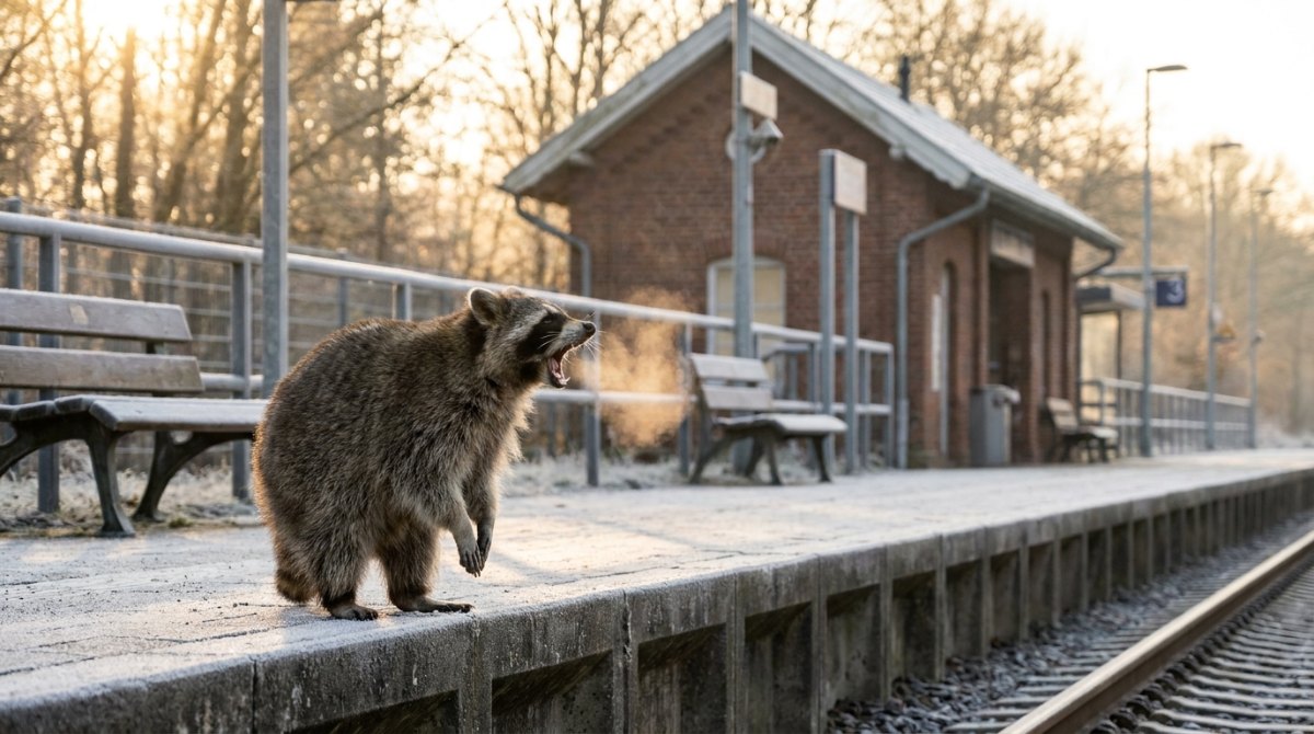 Gähnender Waschbär mit sichtbarem Atem auf einem frostigen Bahnsteig – Stimme aufwärmen