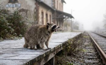 Stimmtraining: Waschbär ruft auf einem frostigen Bahnsteig in den Morgennebel