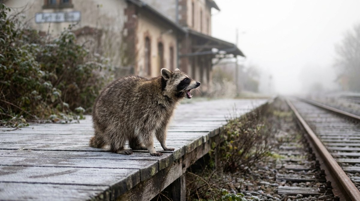 Stimmtraining: Waschbär ruft auf einem frostigen Bahnsteig in den Morgennebel