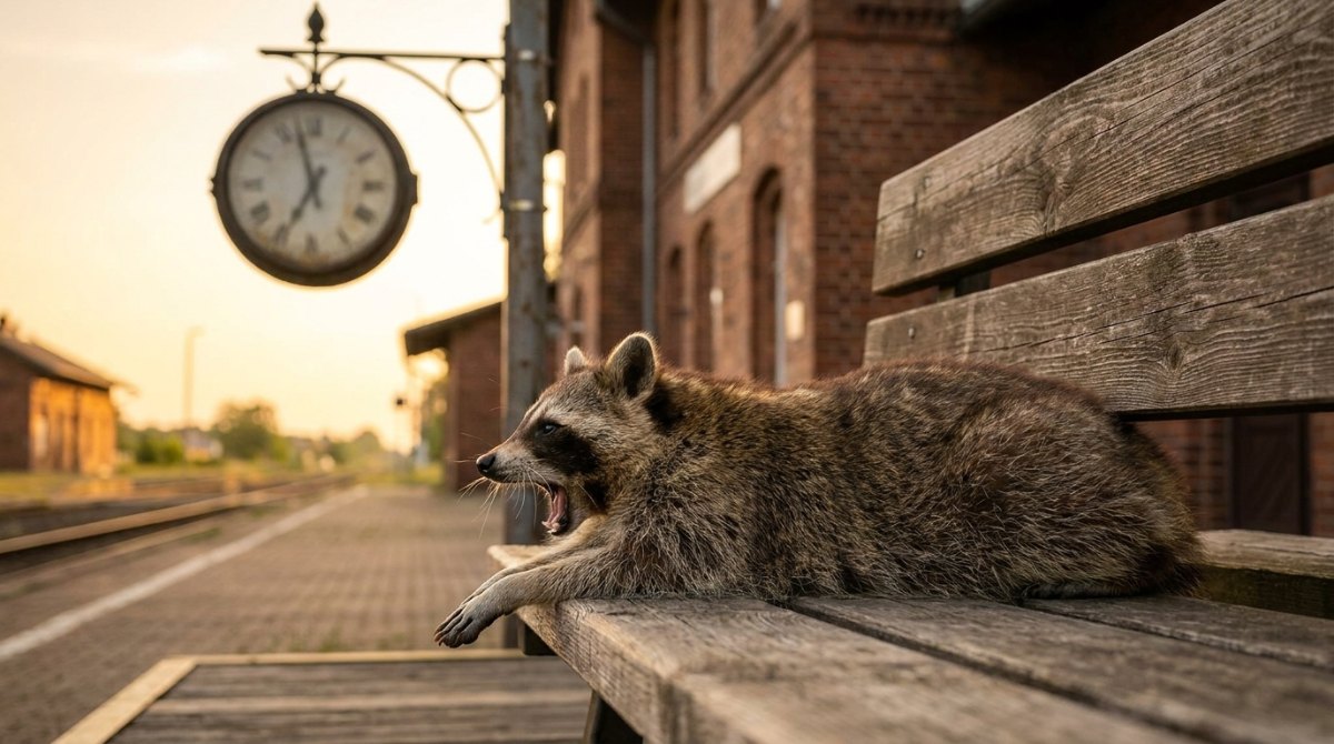 Stimmtraining: Waschbär gähnt und streckt sich auf einer Bahnsteigbank bei Sonnenaufgang