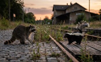 Die Stinktier-Methode im Poetry Slam: ein Waschbär weicht am Bahnsteig vorsichtig vor einem Stinktier mit erhobenem Schwanz zurück
