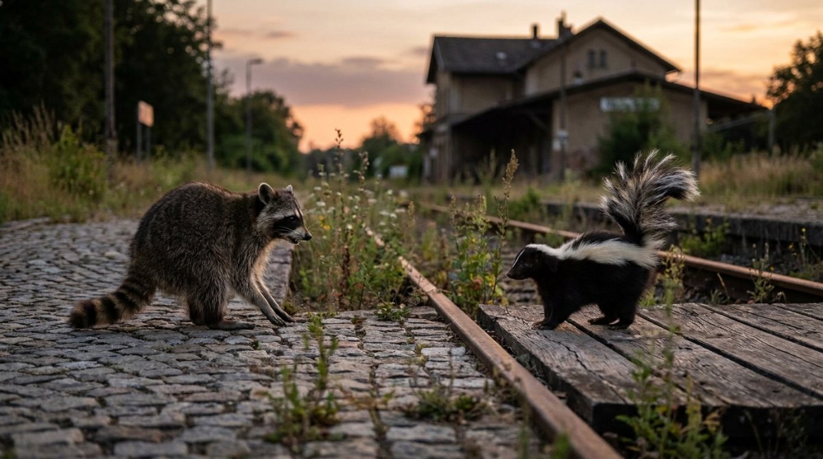 Die Stinktier-Methode im Poetry Slam: ein Waschbär weicht am Bahnsteig vorsichtig vor einem Stinktier mit erhobenem Schwanz zurück