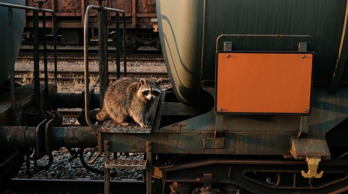 Ein Waschbär sitzt auf einem Kesselwagen neben einer orangefarbenen Gefahrguttafel