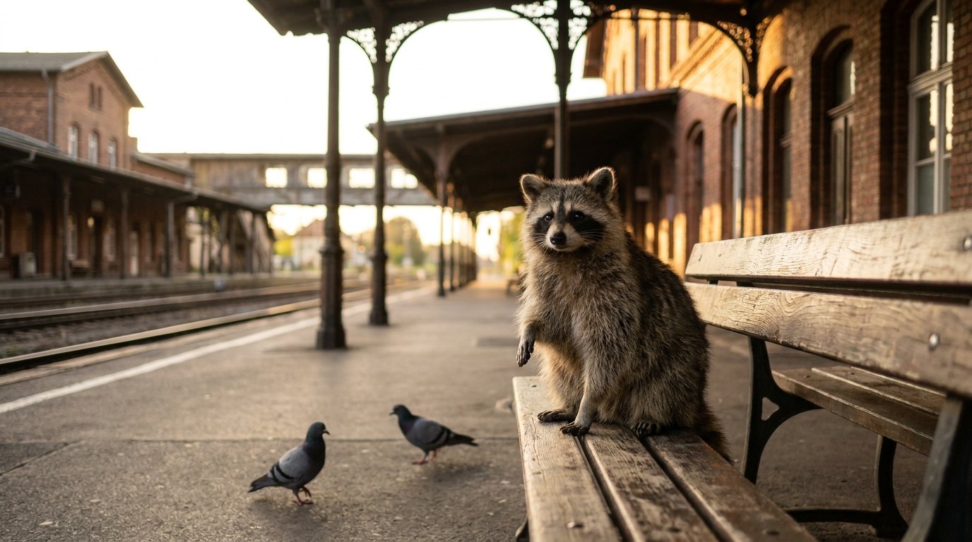Ein Waschbär sitzt aufrecht auf einer Bahnsteigbank und hebt eine Pfote wie beim Erzählen