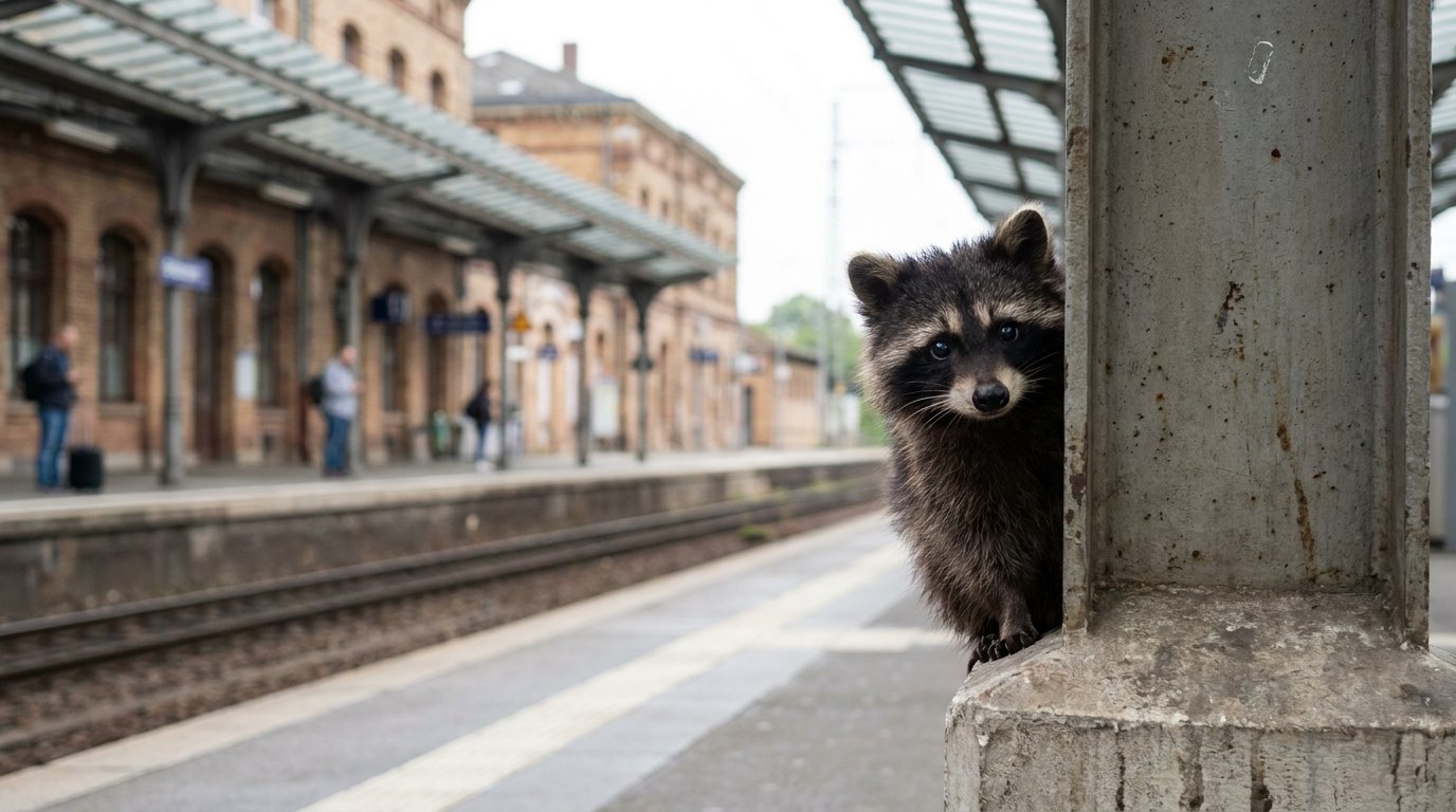 Ein Waschbär lugt neugierig um einen Bahnsteigpfeiler