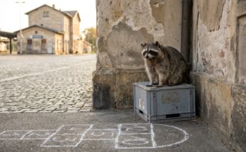 Waschbär auf einer Kiste in einer Hausecke neben einem Kreide-Hinkelkästchen am Bahnhof – Straßenpoesie