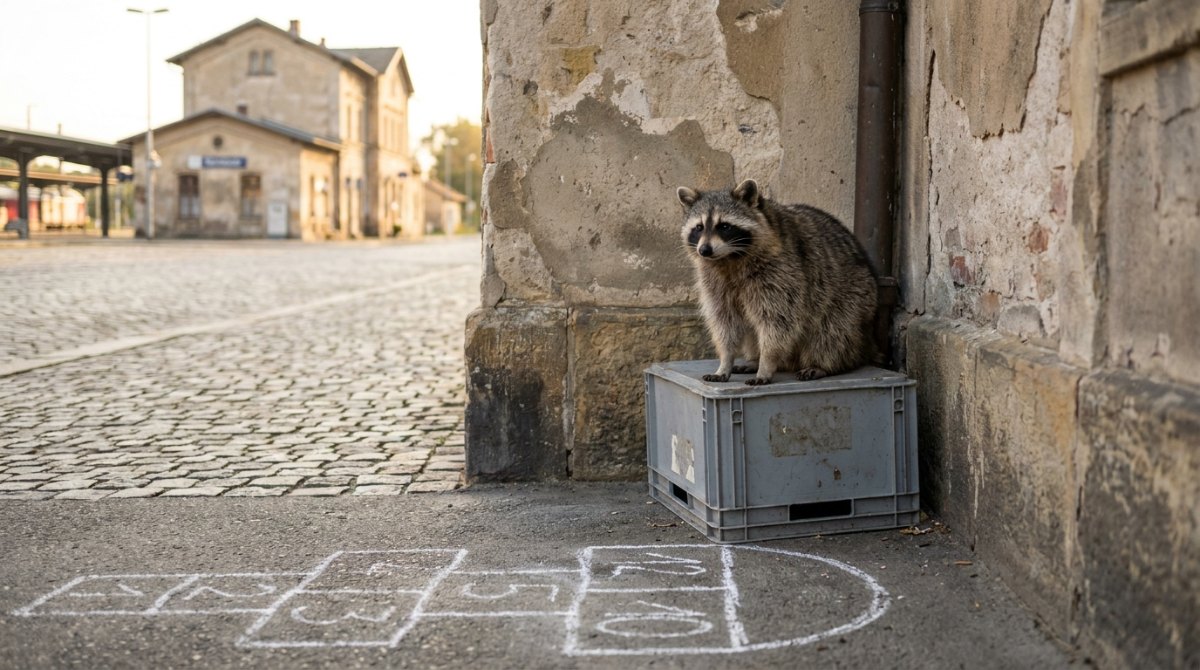 Waschbär auf einer Kiste in einer Hausecke neben einem Kreide-Hinkelkästchen am Bahnhof – Straßenpoesie