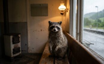 Waschbär sitzt im leeren Wartesaal eines Landbahnhofs und schaut direkt in die Kamera – die Strategie für die Bühne: zu einem Menschen sprechen
