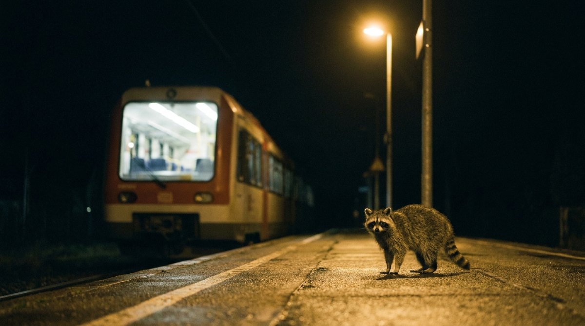 Waschbär auf einem fast leeren Bahnsteig bei Nacht vor einem beleuchteten Regionalzug – Strategie auf der Bühne auch vor wenigen Leuten
