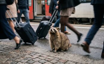 Poetry Slam über Stress: ein Waschbär sitzt auf einem überfüllten Bahnsteig zwischen eilenden Beinen und Rollkoffern