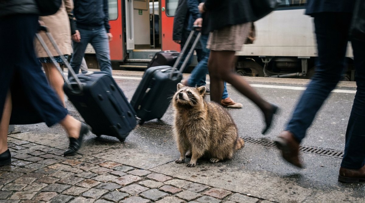 Waschb&auml;r vor einem v&ouml;llig &uuml;berladenen Zug, der kaum noch f&auml;hrt