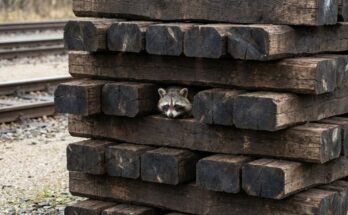Strophenaufbau: Waschbär schaut aus gestapelten Bahnschwellen