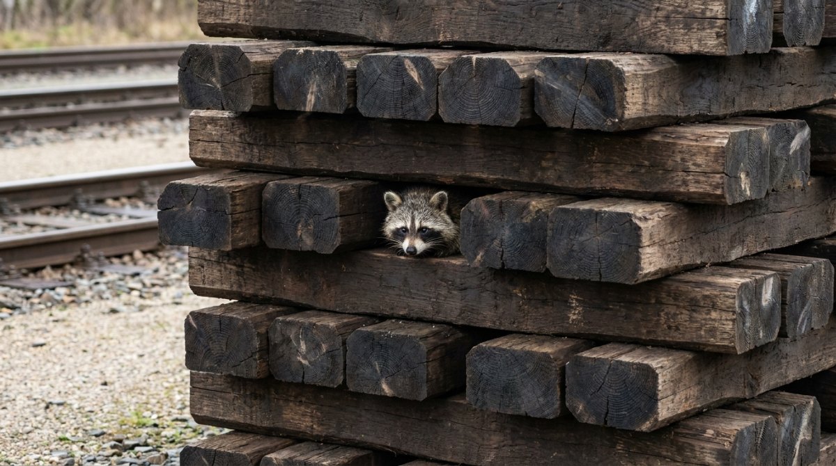 Strophenaufbau: Waschbär schaut aus gestapelten Bahnschwellen