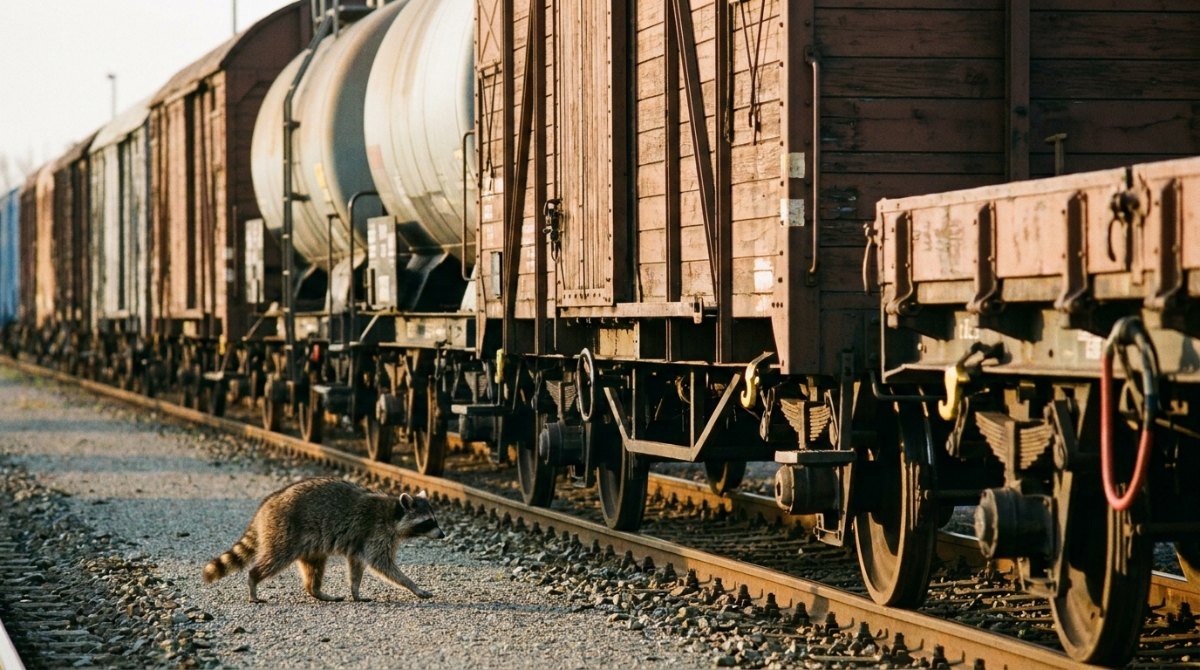 Strophenaufbau: Waschbär läuft an gekuppelten Güterwagen entlang
