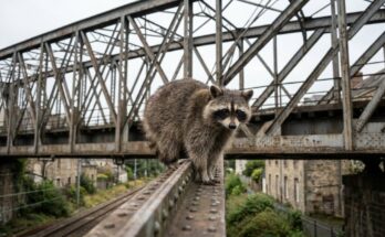 Waschbär auf dem Stahlträger einer Eisenbahnbrücke – Struktur im Poetry Slam