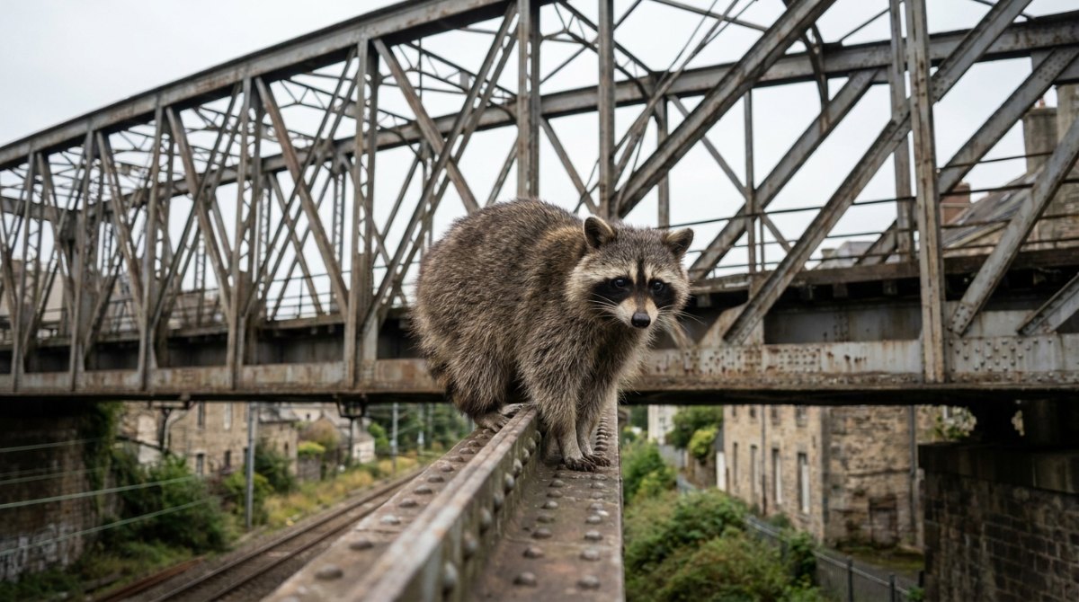 Waschbär auf dem Stahlträger einer Eisenbahnbrücke – Struktur im Poetry Slam