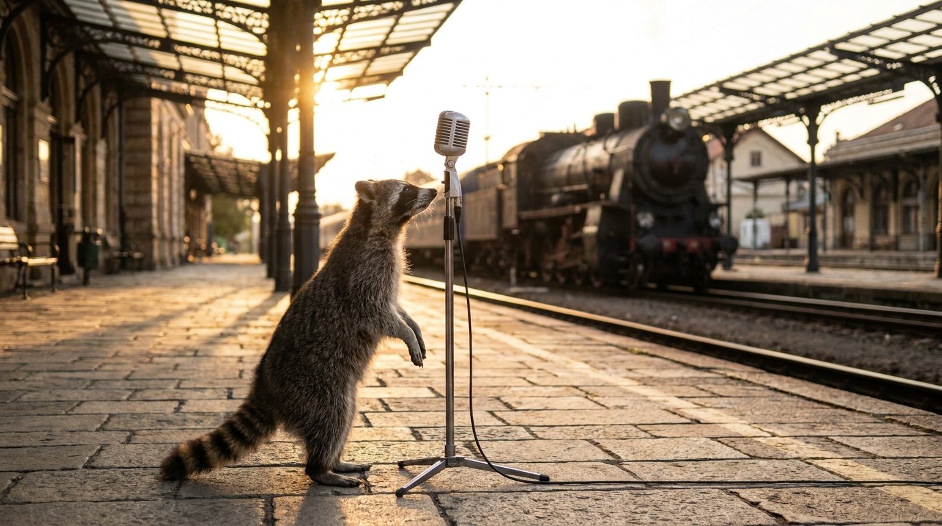 Ein Waschbär steht am Bahnsteig vor einem alten Mikrofon und wartet auf seinen ersten Ton