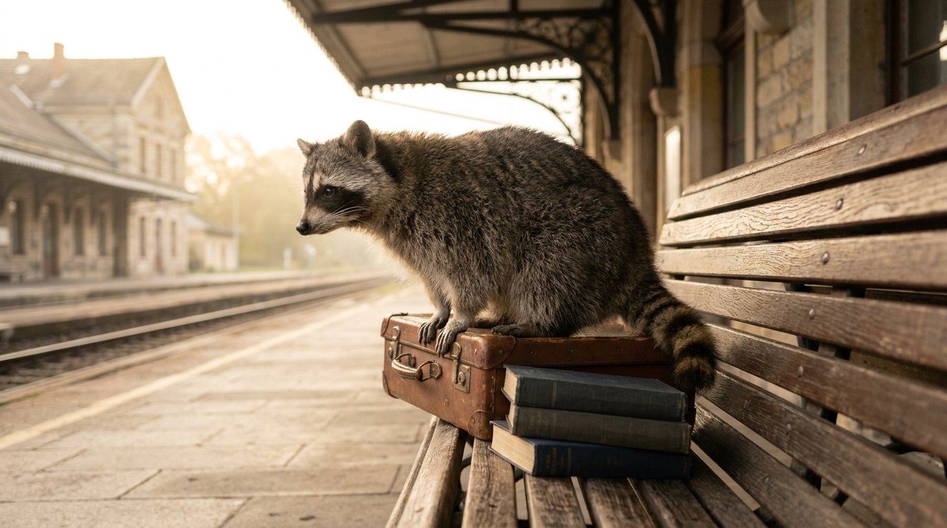 Ein Waschbär sitzt neugierig auf einem Koffer und einem Stapel Bücher am Bahnsteig