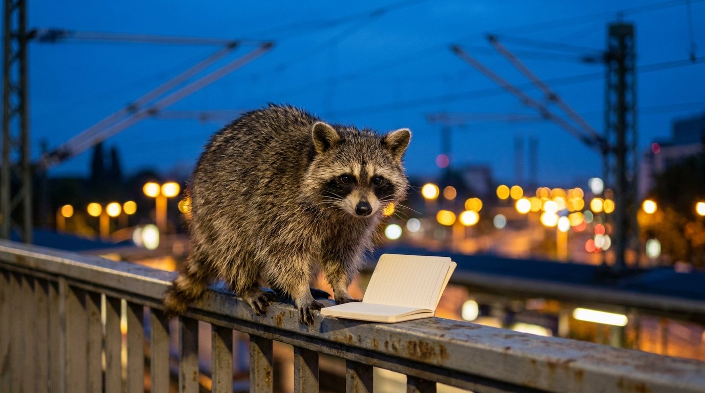 Ein Waschbär sitzt zur blauen Stunde auf dem Geländer eines Berliner S-Bahnsteigs, daneben ein aufgeschlagenes Notizbuch