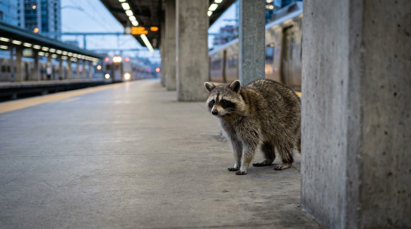 Ein Waschbär steht am Abend zwischen Betonpfeilern auf einem städtischen Bahnsteig