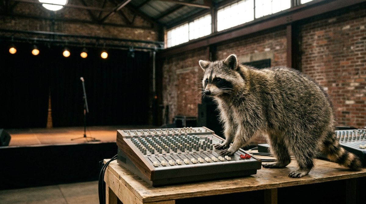 Waschbär am Mischpult in einer umgebauten Lokhalle – Technik-Rider für Slammer