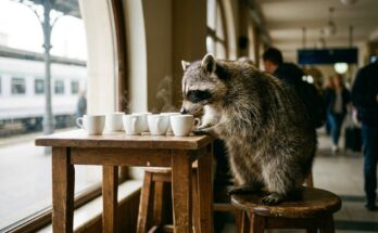 Testpublikum wie beim Cupping: Waschbär schnuppert an einer Reihe Kaffeetassen im Bahnhofscafé