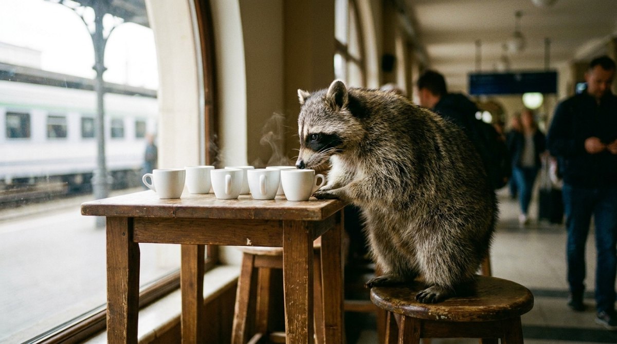 Testpublikum wie beim Cupping: Waschbär schnuppert an einer Reihe Kaffeetassen im Bahnhofscafé
