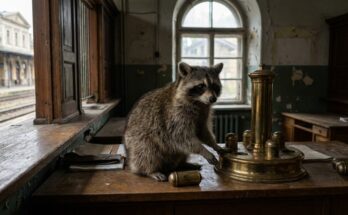 Textarchiv anlegen: Waschbär neben einer alten Rohrpostanlage im Bahnhofsbüro