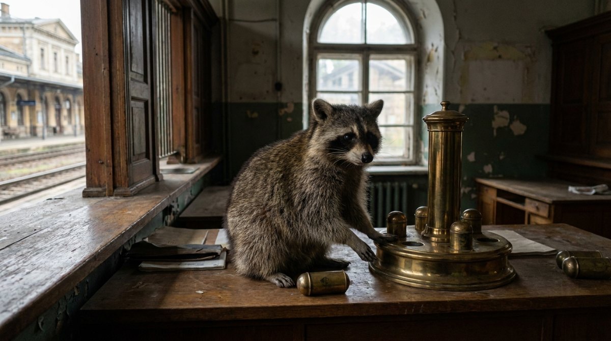 Textarchiv anlegen: Waschbär neben einer alten Rohrpostanlage im Bahnhofsbüro