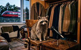Waschbär mit Mikrofon vor einem offenen Kleiderschrank, draußen fährt ein Regionalzug – Texte aufnehmen