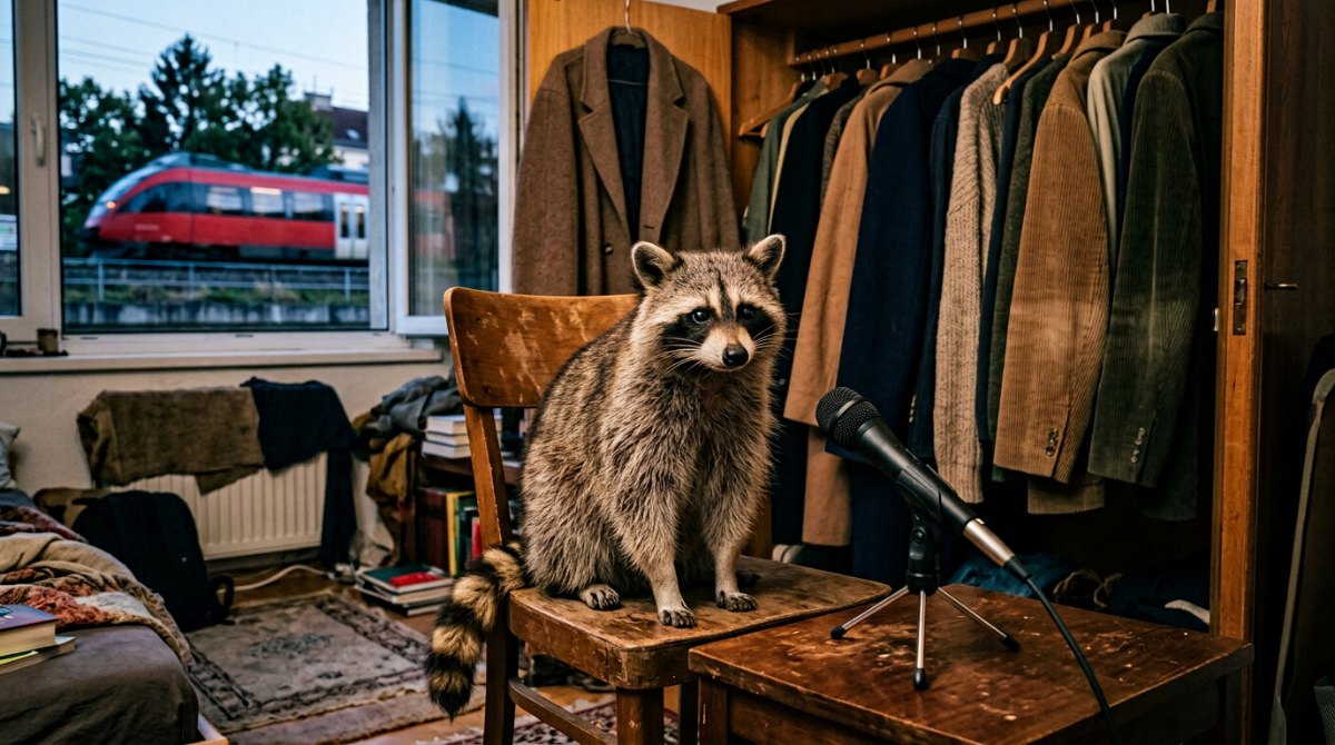 Waschbär mit Mikrofon vor einem offenen Kleiderschrank, draußen fährt ein Regionalzug – Texte aufnehmen