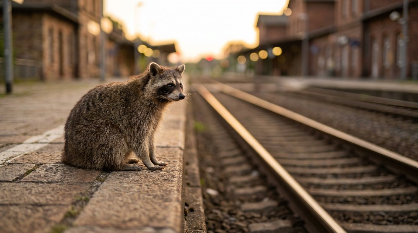Ein Waschbär sitzt bei Dämmerung allein am Bahnsteigrand und blickt die leeren Gleise entlang