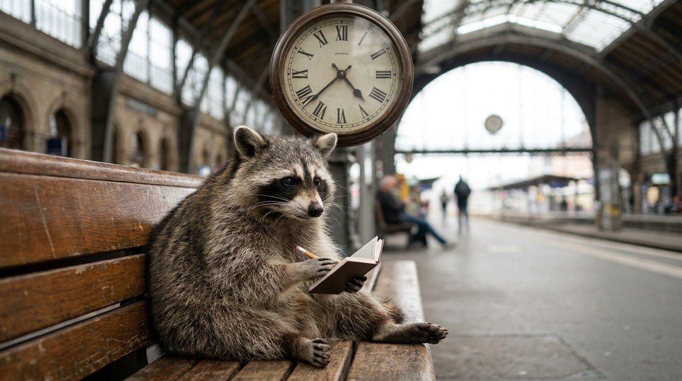 Ein Waschbär sitzt unter einer großen Bahnhofsuhr und hält ein kleines Notizbuch in den Pfoten