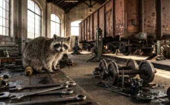 Waschbär auf der Werkbank im Ausbesserungswerk vor einem aufgebockten Güterwagen – Texte überarbeiten wie eine Hauptuntersuchung