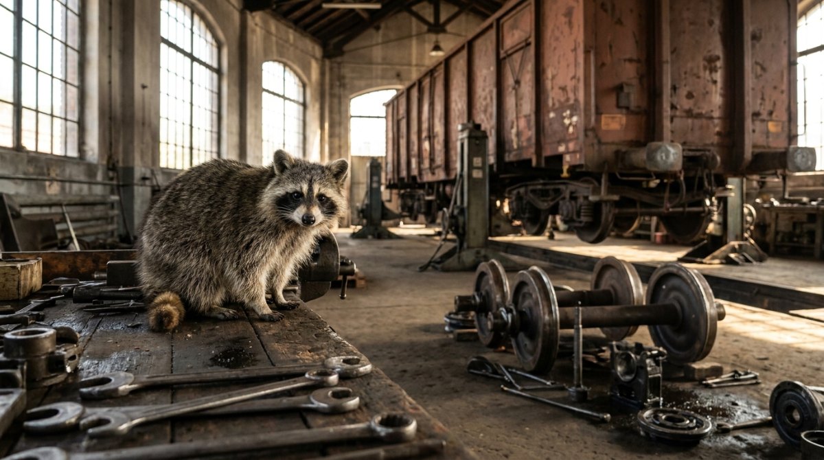 Waschbär auf der Werkbank im Ausbesserungswerk vor einem aufgebockten Güterwagen – Texte überarbeiten wie eine Hauptuntersuchung