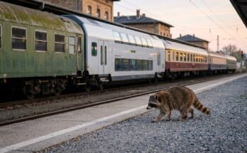Waschbär läuft an einem Zug mit ganz verschiedenen Wagen entlang – Textformate Slam