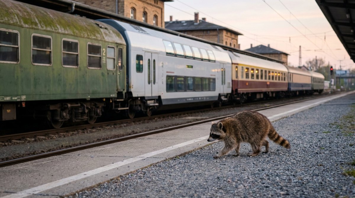 Waschbär läuft an einem Zug mit ganz verschiedenen Wagen entlang – Textformate Slam