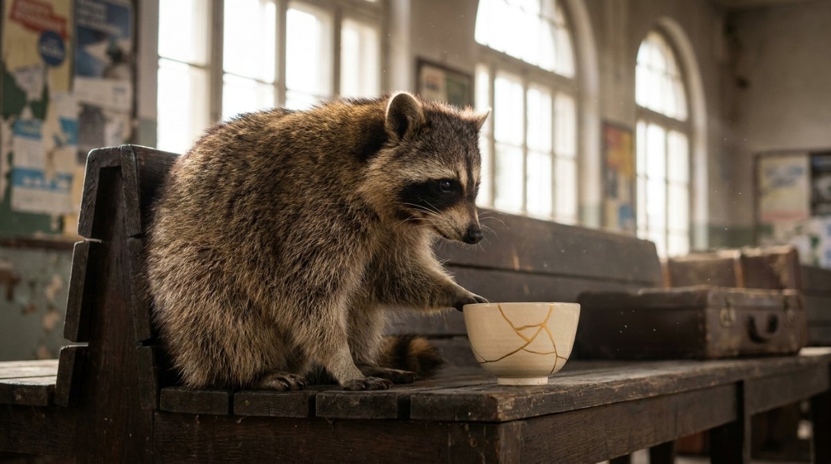 Waschbär im alten Wartesaal mit einer goldgeflickten Schale – wenn dein Text jemanden verletzt hat