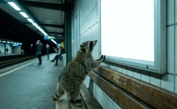 Waschbär vor einem leeren weißen Plakat am Bahnsteig – Textkacheln für Instagram
