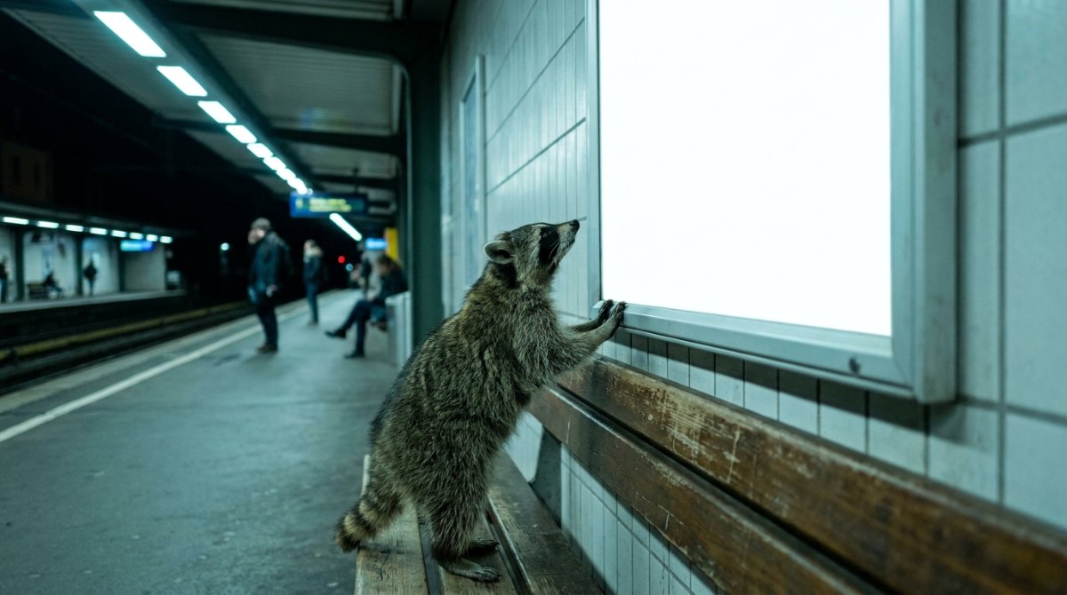Waschbär vor einem leeren weißen Plakat am Bahnsteig – Textkacheln für Instagram