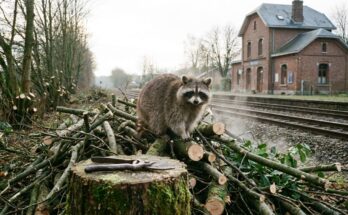 Text kürzen wie beim Gehölzschnitt: Waschbär auf frisch geschnittenen Ästen an der Bahnstrecke, daneben eine Gartenschere